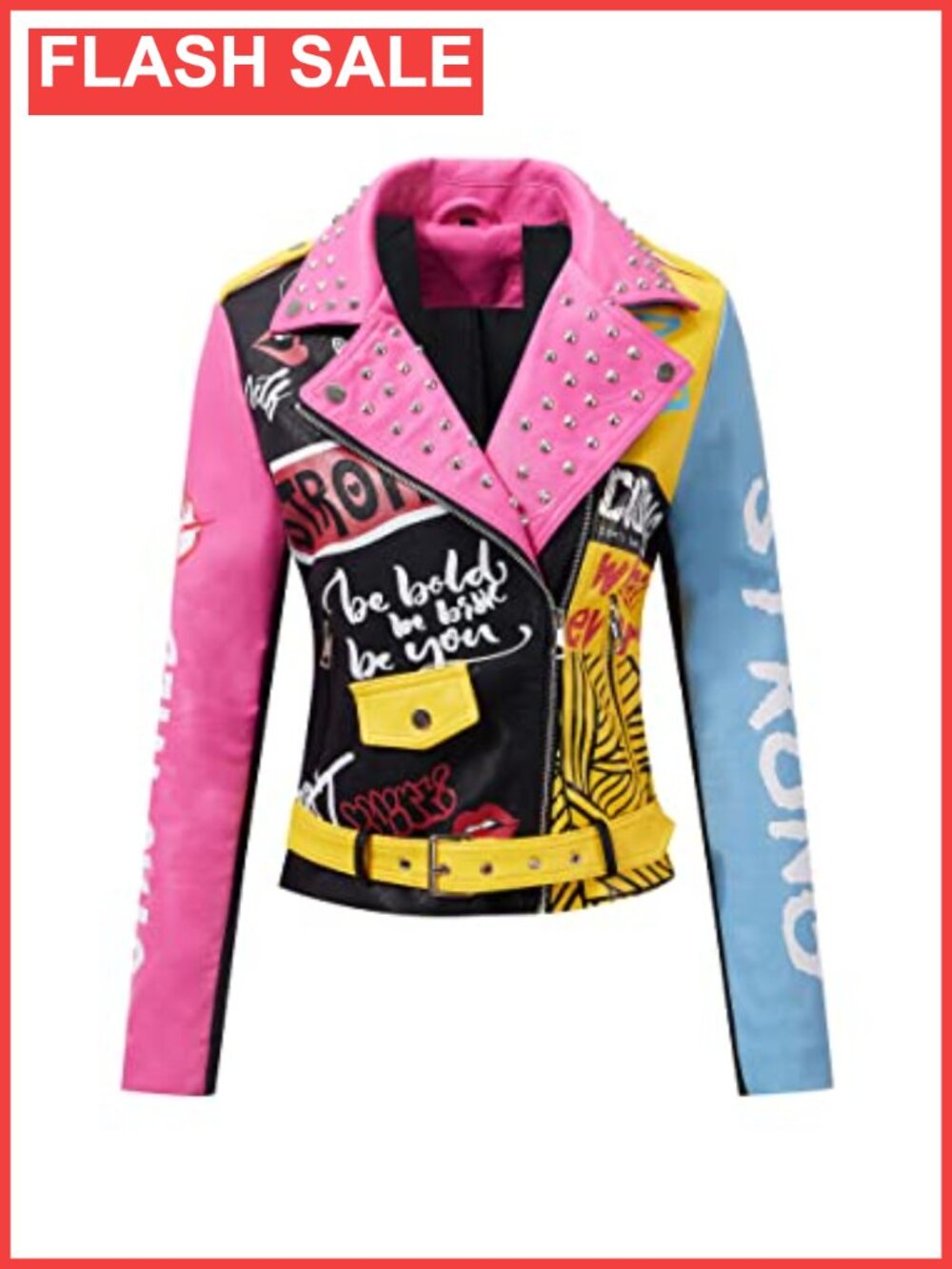 Women's Faux Leather Studded Moto Jacket Belted Short Streetwear